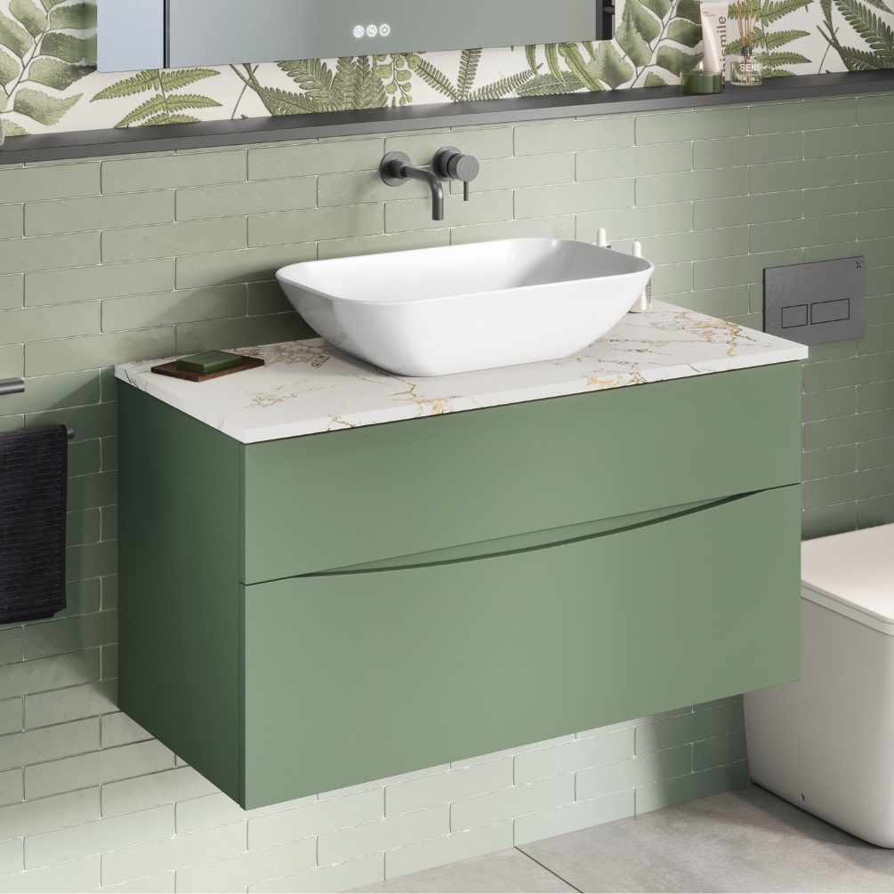 Close up product lifestyle image of the Crosswater Glide II Sage Green 1000mm Double Drawer Unit with Gold Vein Worktop